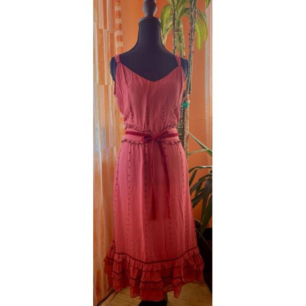 Vintage Anthropologie Lithe Dress- Size 8- Pink Ruffle- Red Velvet & Silk Lining